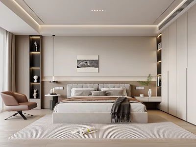 Modern Bedroom Interior Design With Comfortable Bed Armchair Built In Wardrobes And Soft Rug 3d model