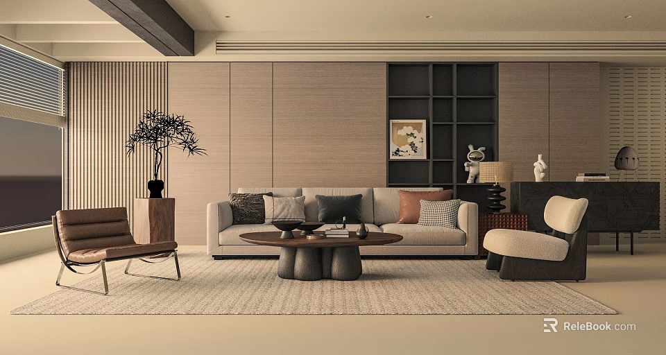 Modern Beige Living Room Interior With Sofa Multiple Pillows Coffee Table And Decorative Artwork 3d model