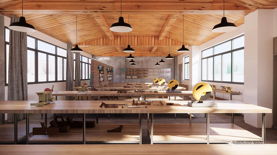 Book Art Studio Spacious Bright Interior With Wooden Ceiling Tables Black Pendant Lights And Windows 3d model 