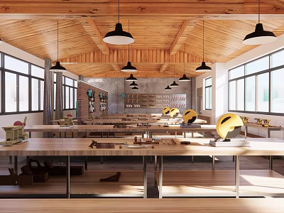 Book Art Studio Spacious Bright Interior With Wooden Ceiling Tables Black Pendant Lights And Windows 3d model