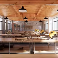 Book Art Studio Spacious Bright Interior With Wooden Ceiling Tables Black Pendant Lights And Windows