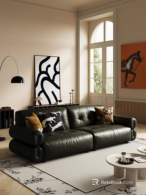 Black Leather Sofa with Decorative Pillows Floor Lamp and Abstract Artwork in Living Room 3d model 