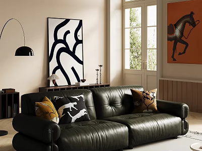 Black Leather Sofa with Decorative Pillows Floor Lamp and Abstract Artwork in Living Room 3d model