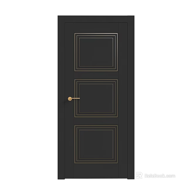 Elegant Black Hinged Door with Rectangular Panel Gold Trim and Brass Handle 3d model