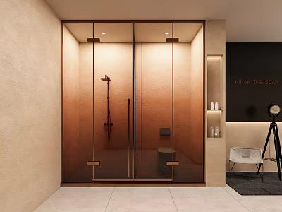 Modern Bathroom Interior Design With Glass Shower Enclosure Beige Walls And Shelf With Toiletries 3d model