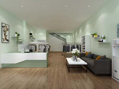 Contemporary Retail Interior With Light Green Walls Wooden Floors Seating Area And Clothing Racks 3d model