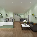 Contemporary Retail Interior With Light Green Walls Wooden Floors Seating Area And Clothing Racks