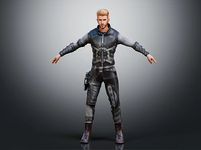 Man In Tactical Armored Outfit With Arms Outstretched On Gray Gradient Background 3d model