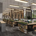 Modern Public Office Space Featuring Open Workstations Ergonomic Chairs Hanging Lights And Green Plants