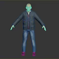 3D Human Character Bald Head Green Jacket Striped Shirt Blue Jeans Black Shoes Gray Background