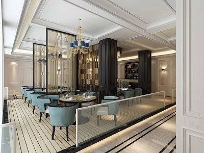 Elegant Tea House Interior With Blue Chairs Round Tables Decorative Partitions And Chandelier 3d model