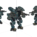 Three Blue Smart Machines Mecha Robots With Weapons In Standing Posture