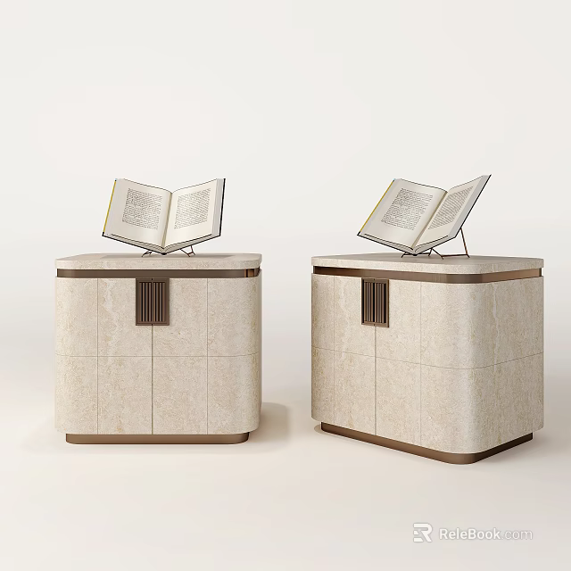 Modern Elegant Bedside Tables With Marble Surface Open Book On Stand And Storage Cabinets 3d model 