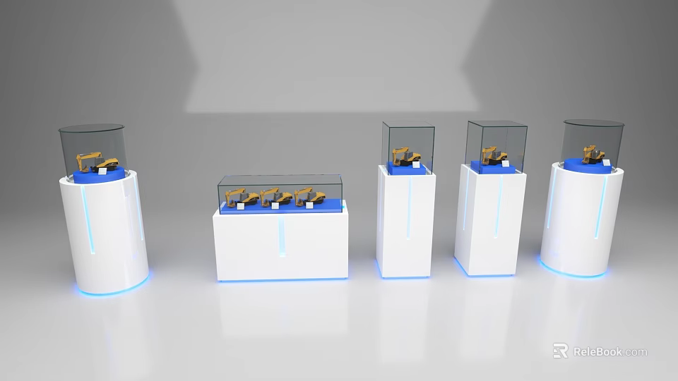 Modern Display Shelves With Glass Showcases White Bases And Blue Accents 3d model 