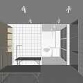 Modern Mall Store Interior With White Tiled Walls Sinks Cart Door And Steps