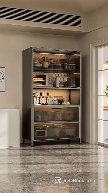 Modern Glass Door Kitchen Cabinet With Dishes Wine Bottles And Small Appliances 3d model 