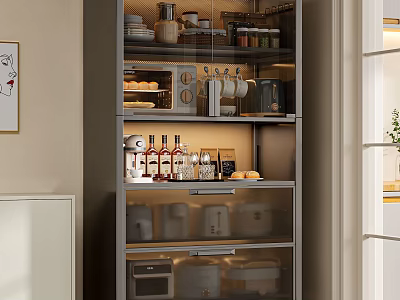 Modern Glass Door Kitchen Cabinet With Dishes Wine Bottles And Small Appliances 3d model