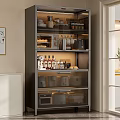 Modern Glass Door Kitchen Cabinet With Dishes Wine Bottles And Small Appliances