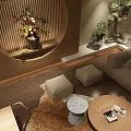 Modern Office Interior With Wooden Shelves Circular Decorative Wall Computers Stools And Potted Plant