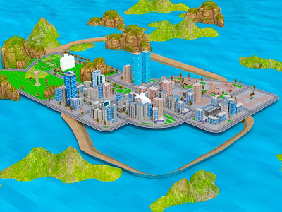 Cartoon Island City Scene With Tall Buildings Green Hills And Blue Surrounding Water 3d model
