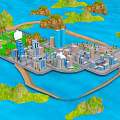 Cartoon Island City Scene With Tall Buildings Green Hills And Blue Surrounding Water