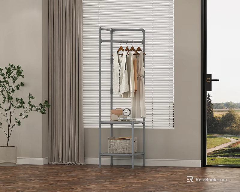 Gray Metal Clothes Rack With Hanging Clothes And Storage Basket In Indoor Wooden Floor 3d model 