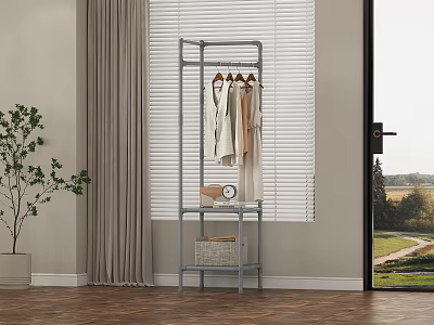 Gray Metal Clothes Rack With Hanging Clothes And Storage Basket In Indoor Wooden Floor 3d model
