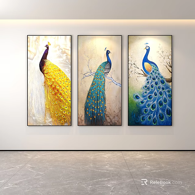 Three Vibrant Peacock Animal Paintings as Wall Art for Home Decoration 3d model 