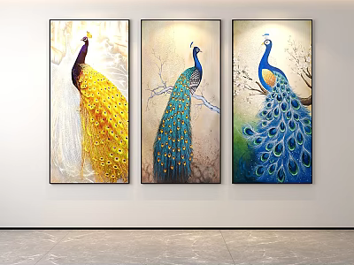 Three Vibrant Peacock Animal Paintings as Wall Art for Home Decoration 3d model