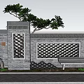 Scenic Gray Brick Garden Wall With Decorative Lattice Panels Green Plants And Stone Bench