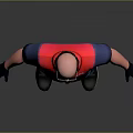 Bald Bearded Game Movie Character With Blue Red Jumpsuit And Black Gloves Standing