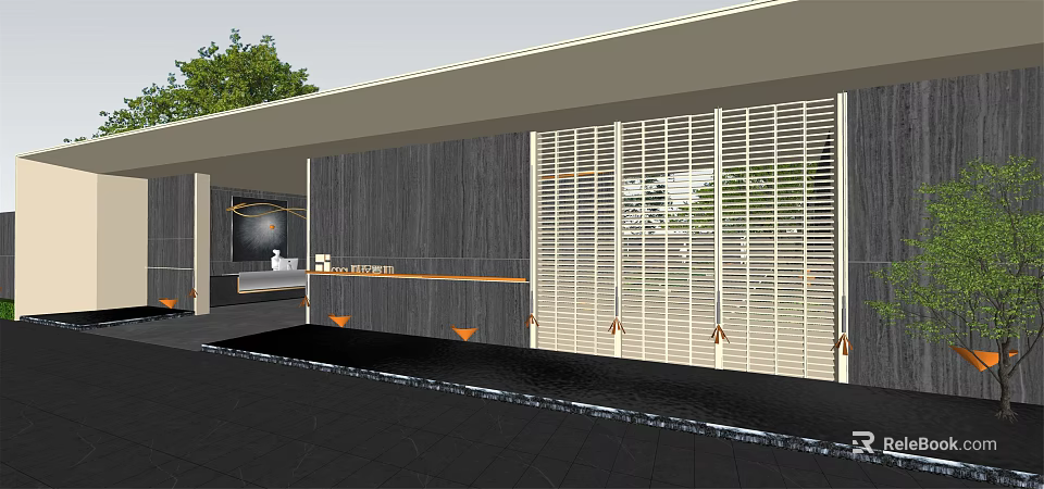 Modern Entrance Gate Design With Louvered Panels Dark Wall And Water Feature 3d model 