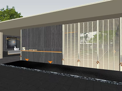 Modern Entrance Gate Design With Louvered Panels Dark Wall And Water Feature 3d model