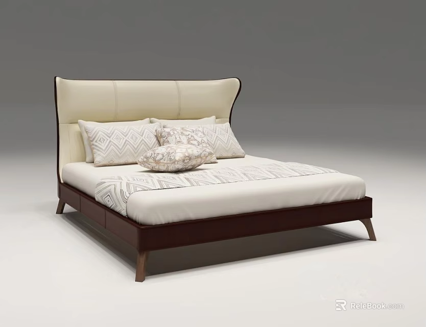 Modern Double Bed With Upholstered Headboard Wooden Frame And Patterned Pillows 3d model