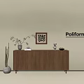 Modern Walnut Entryway Console Table With Drawers Sculpture Vase And Picture Frame On Beige Wall