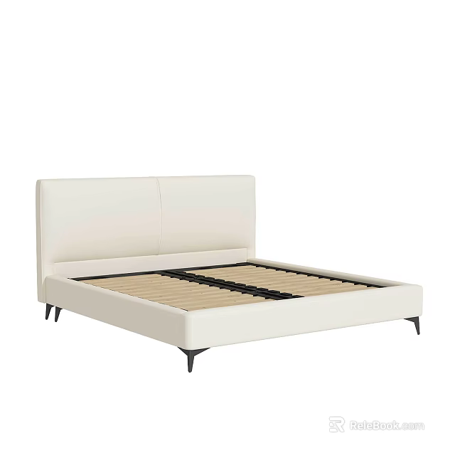 Modern Upholstered Double Bed with White Headboard and Black Legs Wooden Slats Frame 3d model 