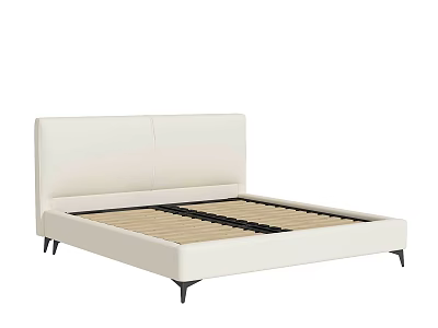 Modern Upholstered Double Bed with White Headboard and Black Legs Wooden Slats Frame 3d model
