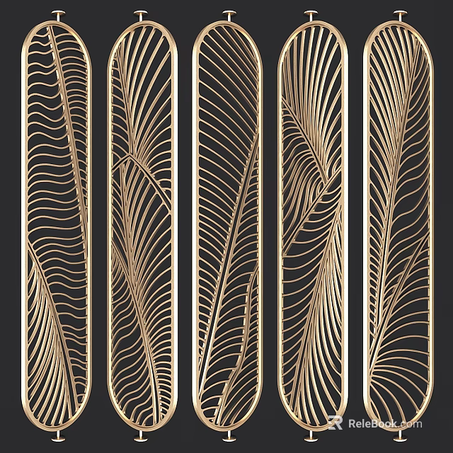 Gold Metal Room Divider With Feather Pattern Laser Cut Openwork Decorative Design 3d model 
