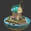 Cartoon Scene of Small Floating Island With Turquoise Curved Roof House Porch And Street Lamp
