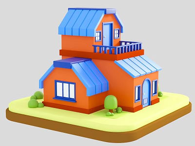 Two Story Detached Villa with Orange Exterior Blue Roof Balcony Small Trees and Green Lawn 3d model