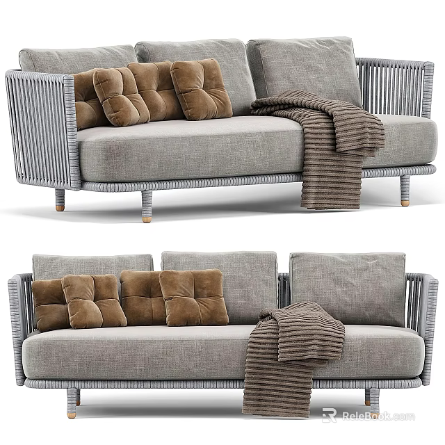 Modern Outdoor Sofa With Gray Fabric Plush Brown Cushions Woven Armrests And Blanket 3d model 