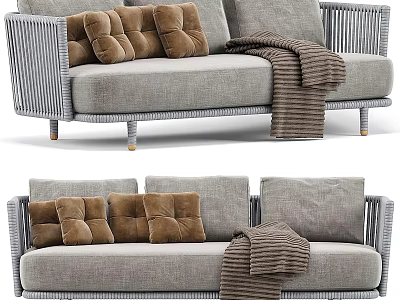 Modern Outdoor Sofa With Gray Fabric Plush Brown Cushions Woven Armrests And Blanket 3d model