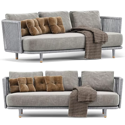 Modern Outdoor Sofa With Gray Fabric Plush Brown Cushions Woven Armrests And Blanket 3d model