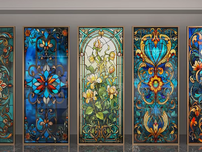 Decorative Stained Glass Screen with Floral Patterns and Intricate Ornamental Designs 3d model