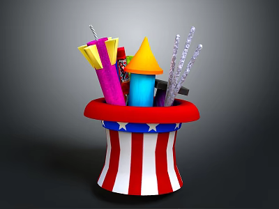 Red White Striped Hat With Blue Stars Holding Colorful Party Supplies Confetti Sticks Silver Streamers 3d model
