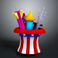 Red White Striped Hat With Blue Stars Holding Colorful Party Supplies Confetti Sticks Silver Streamers