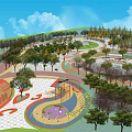 Scenic Park Landscape With Circular Layout Green Trees Red Pavilion Blue Sky And White Clouds
