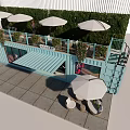 Blue Container Building With Terrace Umbrellas Green Plants And Leisure Area