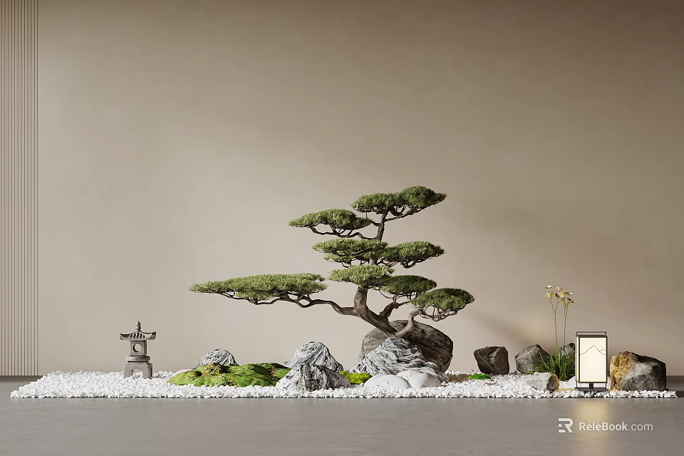 Traditional Japanese Dry Landscape Garden With Unique Pine Bonsai Stones Moss And Lantern 3d model 