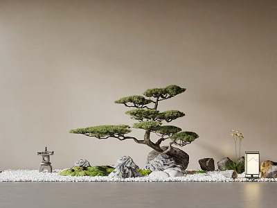 Traditional Japanese Dry Landscape Garden With Unique Pine Bonsai Stones Moss And Lantern 3d model